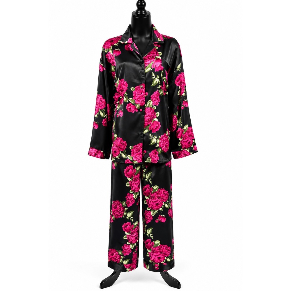 Pink Petals Womens Long Sleeve Pajama Top Pant Set Size XL Black‎ Floral Satin